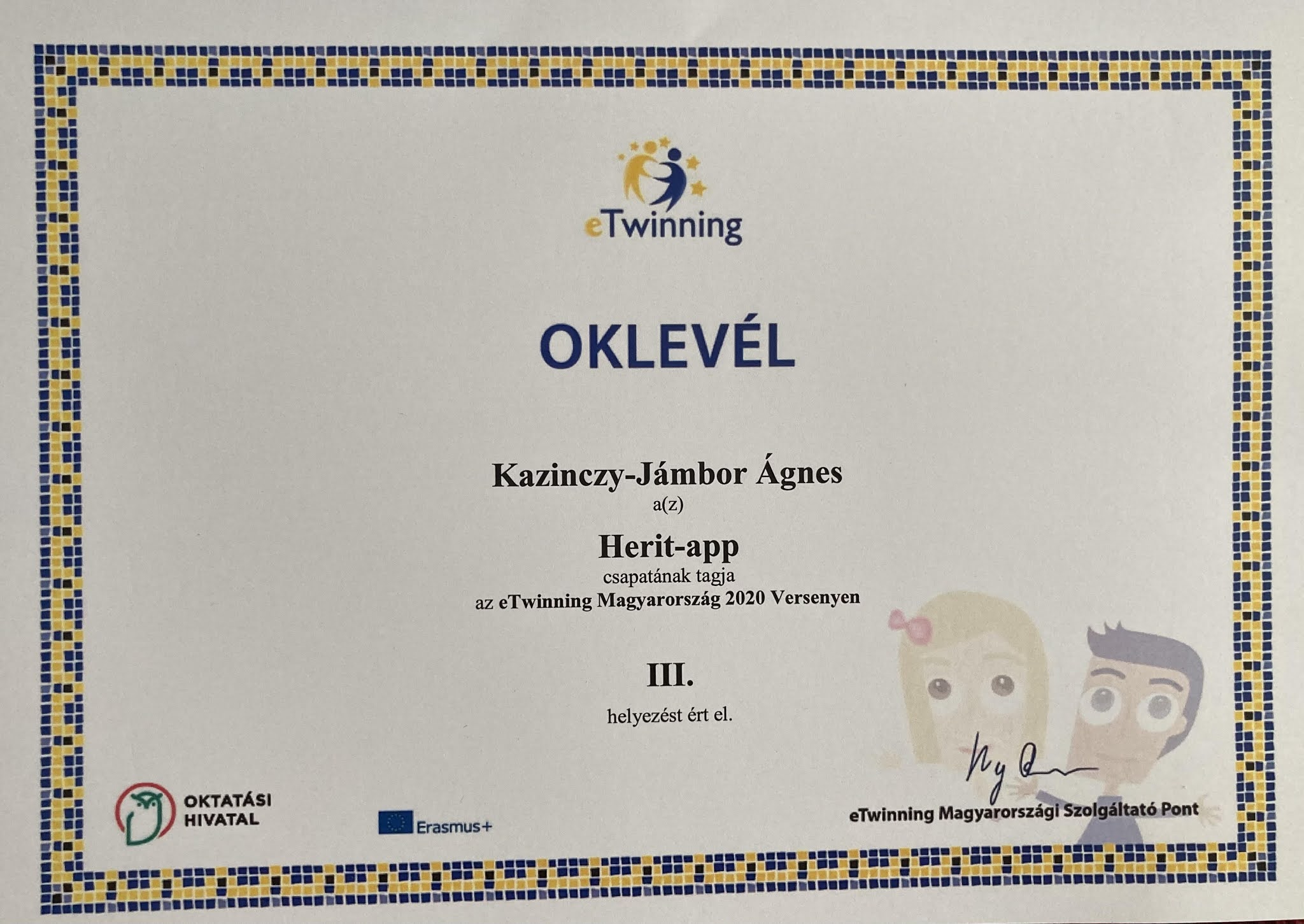 3rd place of the eTwinning competition in Hungary 2020.